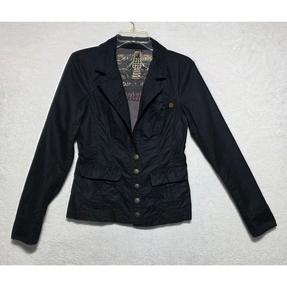 Guess Women's Black Stretch Cotton Graphic Lining Peplum Blazer Jacket Size M
